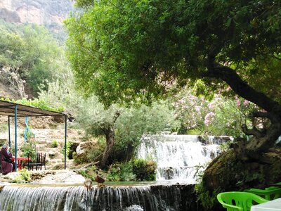 Akchour waterfall with tree growing above and sheltered seating area nearby, Chefchaouen, Morocco, Africa