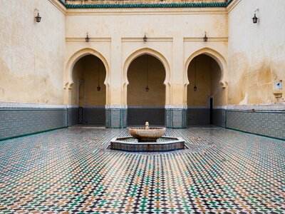 Symmetrical interior of the Moulay Ismail Mausoleum in Meknes, Morocco, Africa