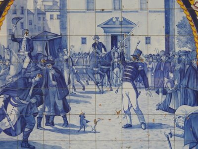 Historic hand-painted Portuguese tile mural, depicting historic event, Olhao, Portugal