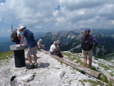 Group of Ramble Worldwide walkers atop summit enjoying view of mountains from Rodica, Julian Alps, Slovenia.JPG