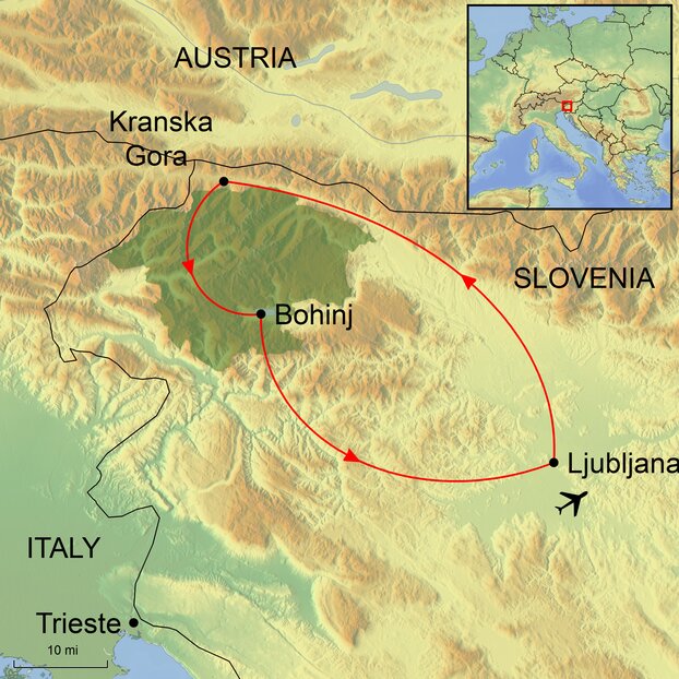 Graphic of map of Slovenia and surrounding area depicting route for Ramble Worldwide walking holiday Mountains and Lakes of Slovenia tour