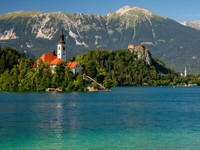 Panorama of Lake Bled with church and turquoise waters, Slovenia