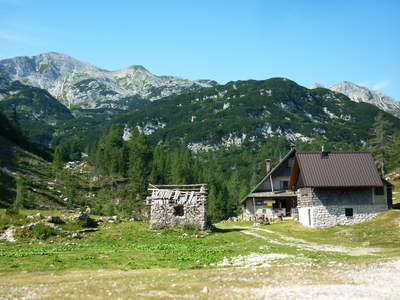 Small houses with mountains in background, Slovenia