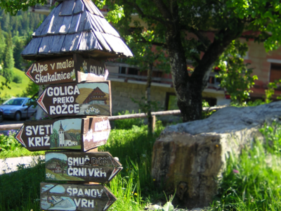 Village signpost with paintings of each location, Planina pod Golico, Slovenia