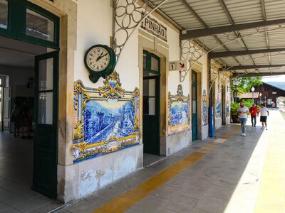 Pinhao train station decorated in tile panels depicting workers in the vineyards, in the Douro Valley, Portugal