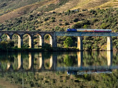 Train on a bridge of the Douro line in the middle of the port wine vineyards with reflection in body of water below, Portugal