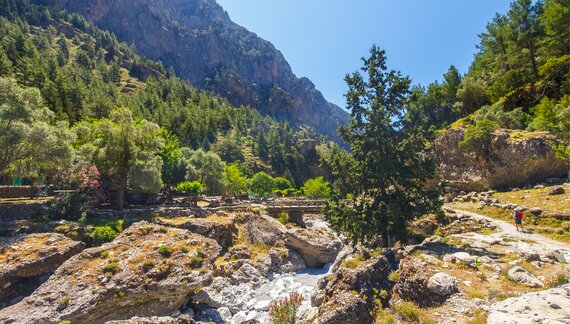 Bridge in distance with mountain and pine trees near displaced Samaria village, Samaria Gorge in central Crete, Greece